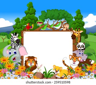 animal cartoon collection with blank board and tropical forest background