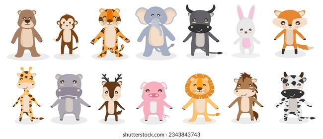 The animal cartoon collection includes bear, monkey, tiger, elephant, buffalo, rabbit, fox, giraffe, hippopotamus, deer, pig, lion, horse and cow.

