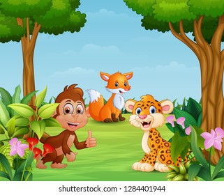 Animal cartoon enjoying in the beautiful nature