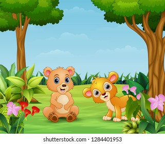 Animal cartoon enjoying in the beautiful nature
