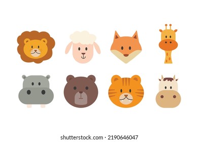 Animal cartoon faces by hand drawn style. Vector animal cartoon character illustration about lion, sheep, fox, giraffe, hippopotamus, bear, tiger and cow.