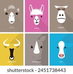 Animal cartoon faces, cute flat portrait icon, vector illustration