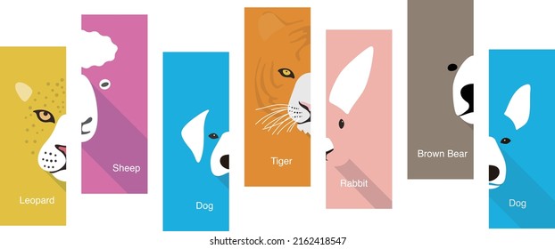 Animal cartoon faces, cute flat portrait icon, vector illustration