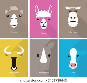 Animal cartoon faces, cute flat portrait icon, vector illustration