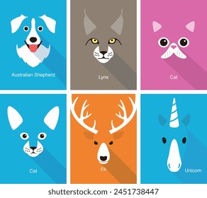Animal cartoon faces, cute flat portrait icon, vector illustration