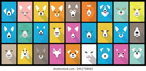 Animal cartoon faces, cute flat portrait icon, vector illustration
