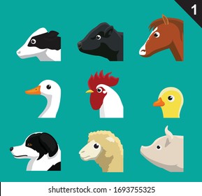 Animal Cartoon Faces Side View Set 1 Farm
