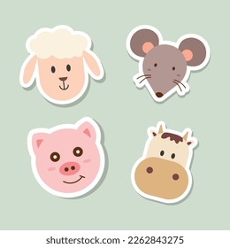 Animal cartoon faces vector icons set. Set of 4 animal (sheep, rat, pig and cow) stickers. Hand drawn vector illustration.