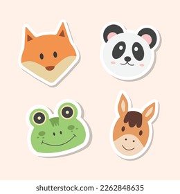 Animal cartoon faces vector icons set. Set of 4 animal (wolf, panda, frog and horse) stickers. Hand drawn vector illustration.