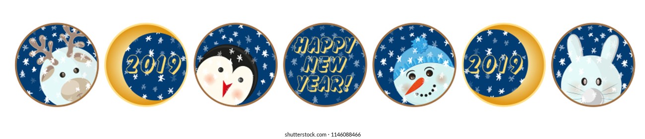 Animal cartoon flat set labels print Winter New year theme, great design for 2019 calendar, Christmas sticker icon, happy birthday party fun card, xmas holiday banner Vector illustration