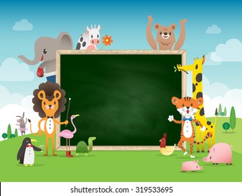 Animal cartoon frame border template with green chalk board vector illustration