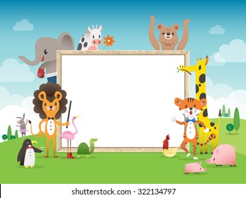 Plantilla de borde de marco de caricatura animal con ilustración de vector pizarra