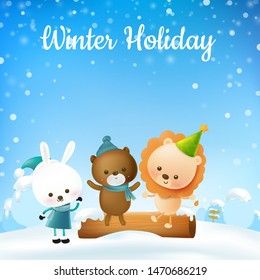 Animal cartoon Lion rabbit and brown bear are friends and sitting on a timber smile with happiness against snow falling background for child and family happy winter concept vector illustration