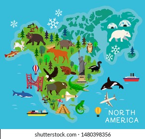 Animal cartoon map. North America.
