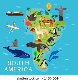 Animal Cartoon map of South America. Vector Illustration.