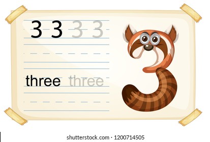 Animal cartoon number three worksheet illustration