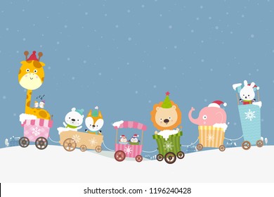 Animal cartoon on train smile with happiness at the town at night in the snow falling place vector illustration