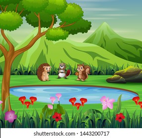 Animal cartoon playing near the small pond