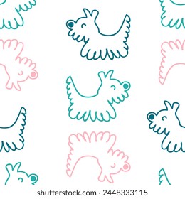 Animal cartoon seamless pattern with cute doodle shaggy dogs. Perfect print for tee, paper, textile and fabric. Hand drawn vector illustration for decor and design.