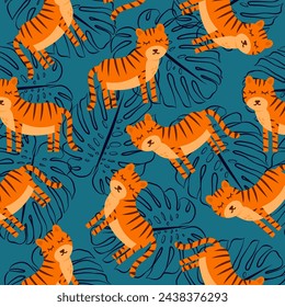 Animal cartoon seamless pattern with tiger. Colorful vector wild cat illustration. Simple animal safari print isolated on white background.