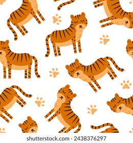 Animal cartoon seamless pattern with tiger. Colorful vector wild cat illustration. Simple animal safari print isolated on white background.