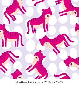 Animal cartoon seamless pattern with tiger. Colorful vector wild cat illustration. Simple animal safari print isolated on white background.