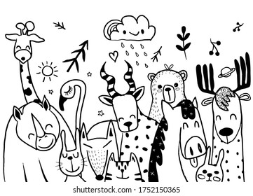 Animal cartoon set illustration ,cute cartoon sketch animals for print, textile, patch, kid product,pillow, gift.vector illustrator