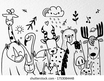 Animal cartoon set illustration ,cute cartoon sketch animals for print, textile, patch, kid product,pillow, gift.vector illustrator