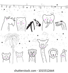 Animal cartoon set isolated on white background.Cute animals for kids painting, poster, placard and wallpaper. Creative art, vector illustration