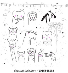 Animal cartoon set isolated on white background.Cute animals for kids painting, poster, placard and wallpaper. Creative art, vector illustration