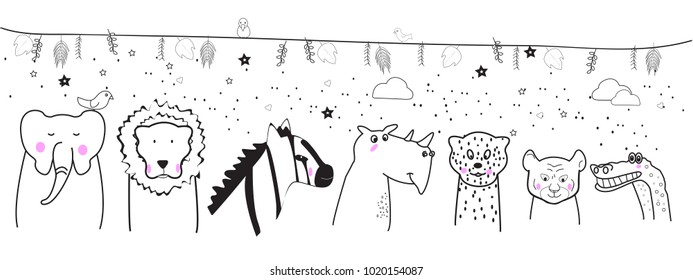 Animal cartoon set isolated on white background. Cute animals for kids painting, poster, placard and wallpaper. Creative art, vector illustration