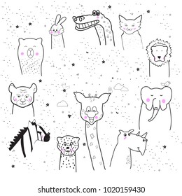 Animal cartoon set isolated on white background.Cute animals for kids painting, poster, placard and wallpaper. Creative art, vector illustration