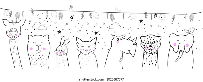 Animal cartoon set isolated on white background. Cute animals for kids painting, poster, placard and wallpaper. Creative art, vector illustration