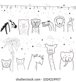 Animal cartoon set isolated on white background. Cute animals for kids painting, poster, placard and wallpaper. Creative art, vector illustration