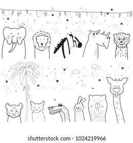 Animal cartoon set isolated on white background. Cute animals for kids painting, poster, placard and wallpaper. Creative art, vector illustration
