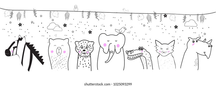 Animal cartoon set isolated on white background. Cute animals for kids painting, poster, placard and wallpaper. Creative art, vector illustration