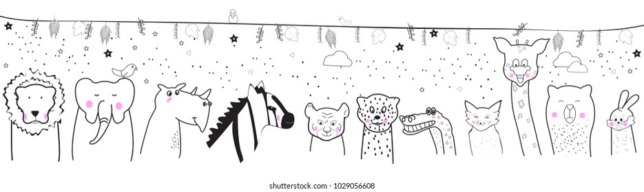 Animal cartoon set isolated on white background. Cute animals for kids painting, poster, placard and wallpaper. Creative art, vector illustration