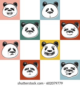 Animal cartoon theme. Colored seamless pattern with panda faces. Funny hand drawn faces on colored squares.  