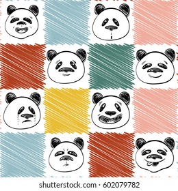 Animal cartoon theme. Colored seamless pattern with panda faces. Funny hand drawn faces and colored scribble squares.  