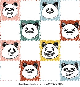 Animal cartoon theme. Colored seamless pattern with panda faces. Funny hand drawn faces and colored scribble squares. 