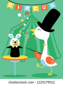 Animal cartoon vector with crane and bunny in magic show