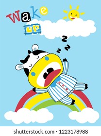 Animal cartoon vector of cute cow in nightdress sleep on rainbow with smiling sun