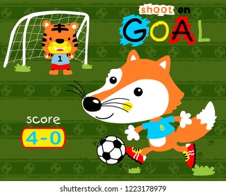 Animal cartoon vector of fox and cat play soccer