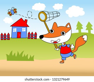 animal cartoon vector fox run pursuit of butterfly