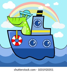 animal cartoon vector of fun alligator boat captain sailing on the sea