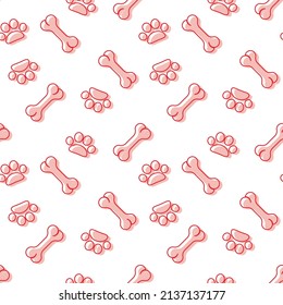 Animal Cartoon Vector Seamless Pattern With Pet Design Elements. Dog Bone And Paw Print Icon.