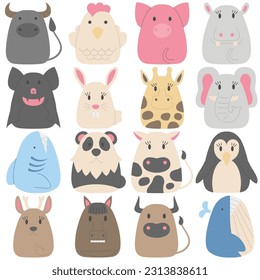 Animal cartoon vector set, Animal simple cartoon style.