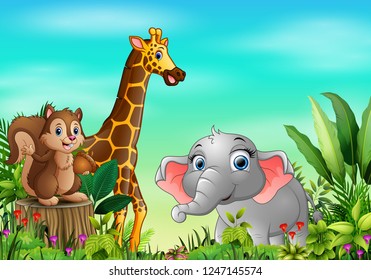Animal cartoons in beautiful gardens with a blue sky