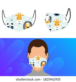 Animal Cartoons Pattern Seamless Design for Face Mask, Pillow, Print, Fashion, Clothing, Fabric, Gift Wrap. Mockup Template Protective Face Mask Seamless Print, Vector