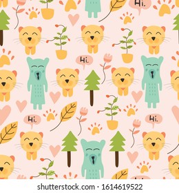 Animal Cat, Bear and Floral Seamless Pattern Hand drawn Vector Style. Design for Background, Wallpaper Template.